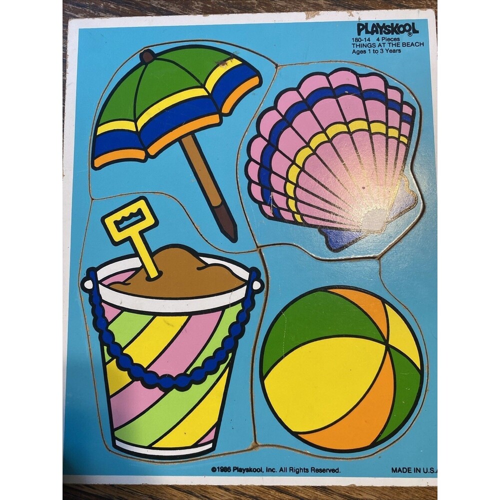 Vintage 1986 Wooden Children’s 4 Pieces Puzzle Playskool Things At The Beach